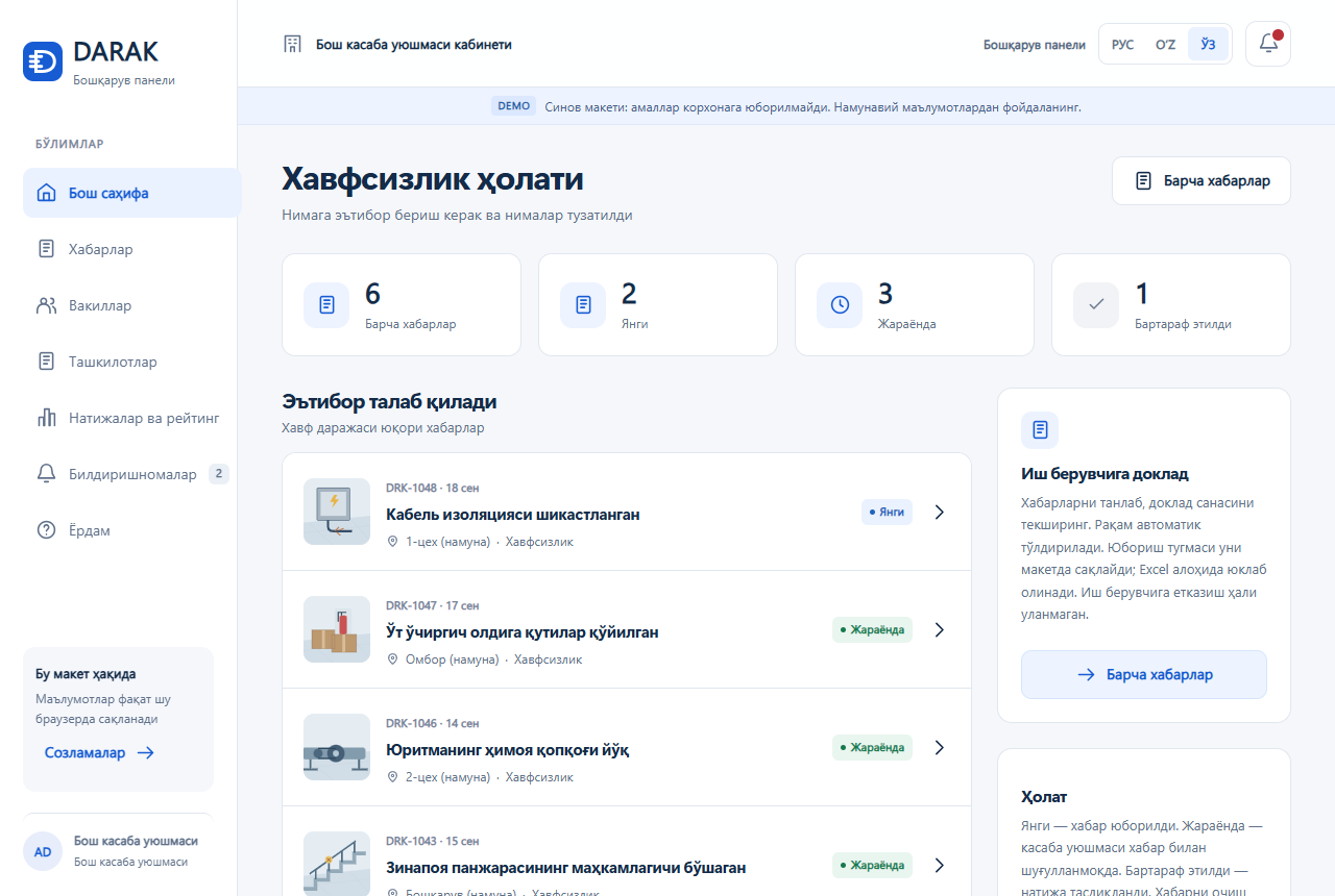 DARAK бошқарув панели: хабарлар, ҳолатлар ва меҳнат муҳофазаси бўйича умумий кўриниш