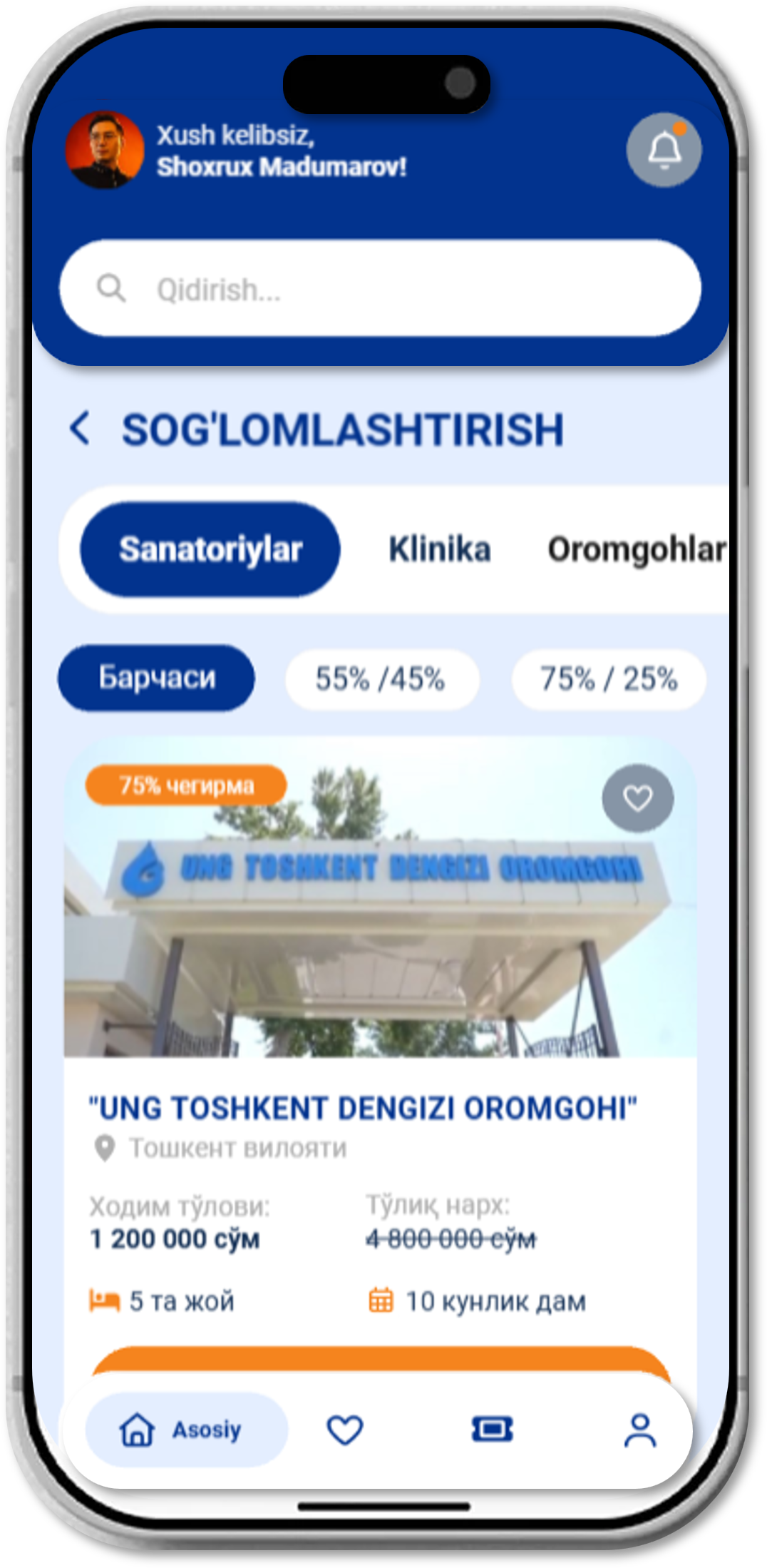 KasPro санаторий ва оромгоҳни танлаш экрани телефон мокапида