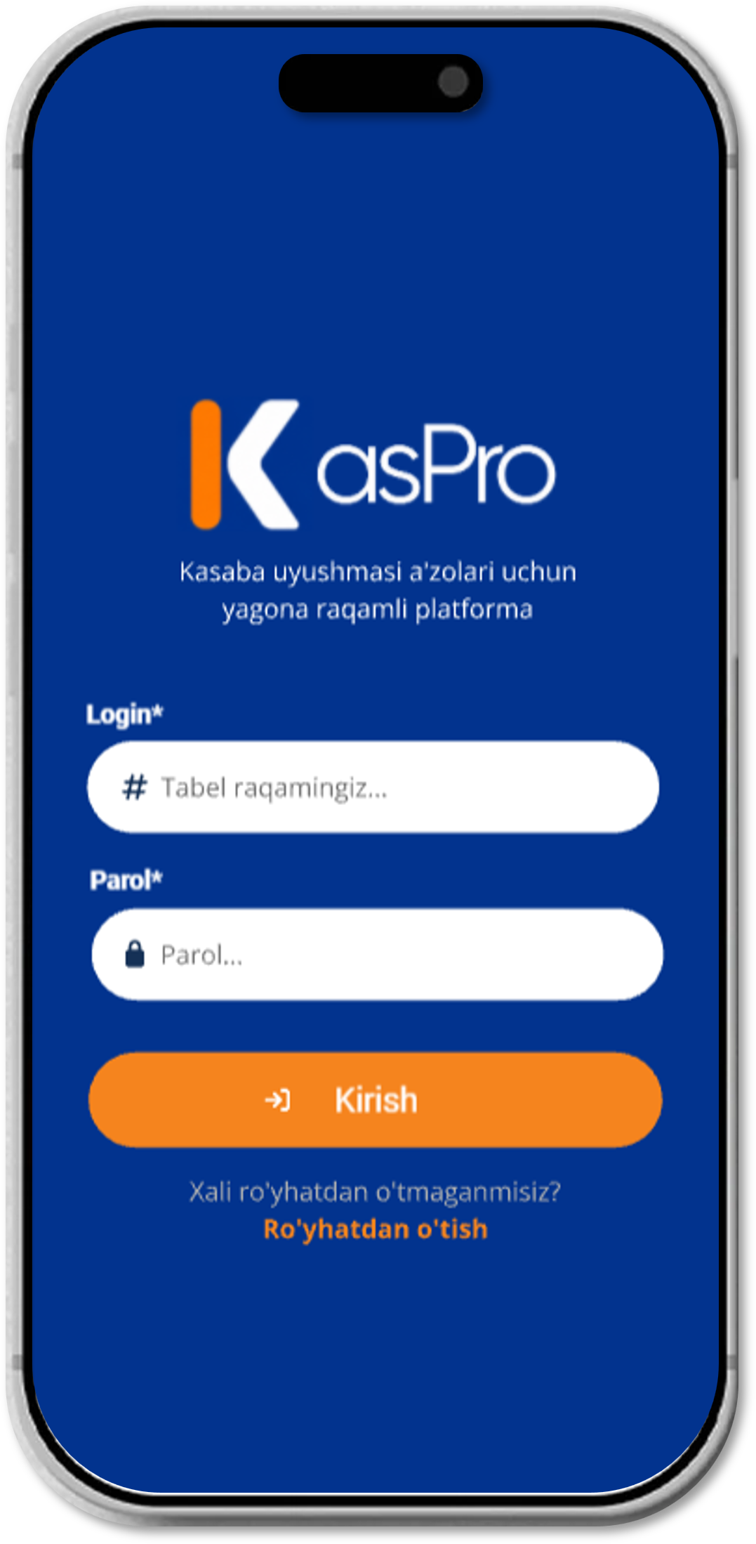 KasPro кириш экрани ва рўйхатдан ўтиш ҳаволаси акс этган телефон мокапи